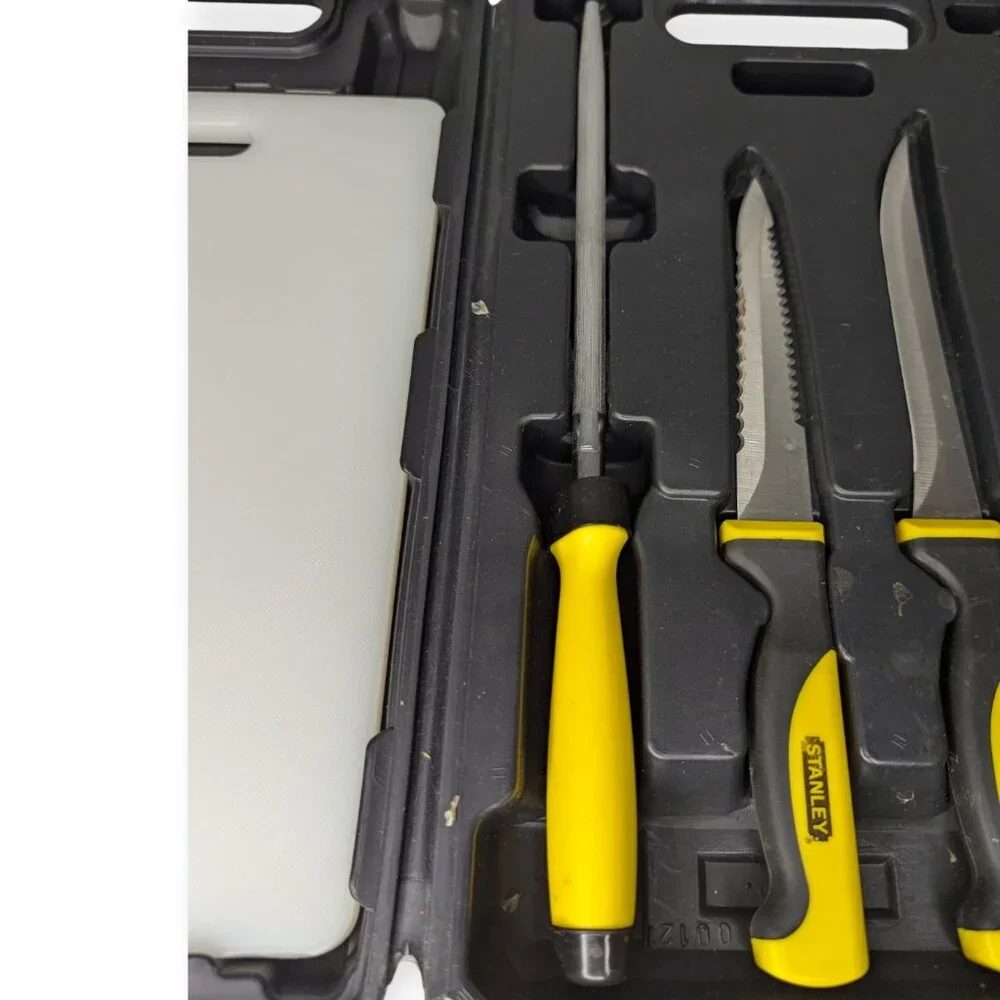 Stanley Yellow Handled 3 Knife Set with Cutting Board & Black Plastic Case